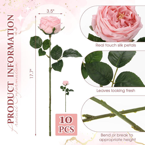 10pcs Real Touch Peonies Artificial Flowers, Faux Austin Rose with Long Stem Look Real Fake Flower for Christmas Valentines Arrangement Wedding Party Home Kitchen Decor(Pink)