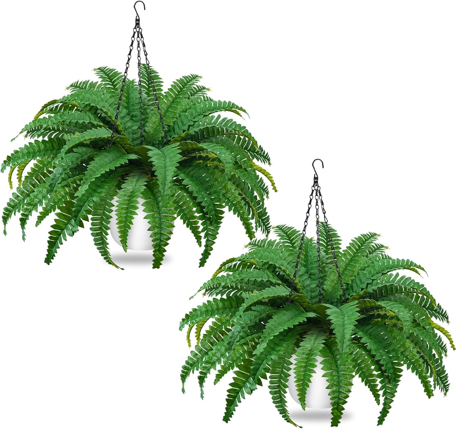2Pack Artificial Boston Ferns Hanging Plants 23.6'' Fake Silk Fern 50 Leaves That Look Real in Pots for Outdoors & Indoor Faux Potted Plant for Home Porch Patio Garden Decor