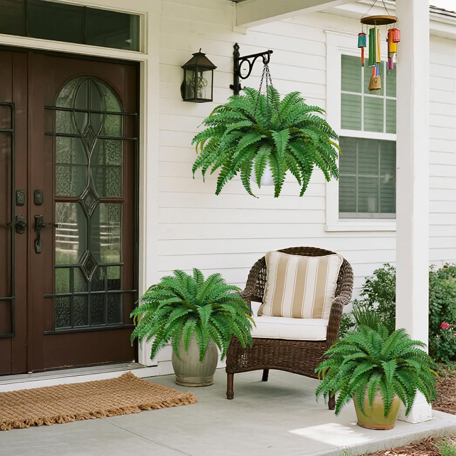 2Pack Artificial Boston Ferns Hanging Plants 23.6'' Fake Silk Fern 50 Leaves That Look Real in Pots for Outdoors & Indoor Faux Potted Plant for Home Porch Patio Garden Decor