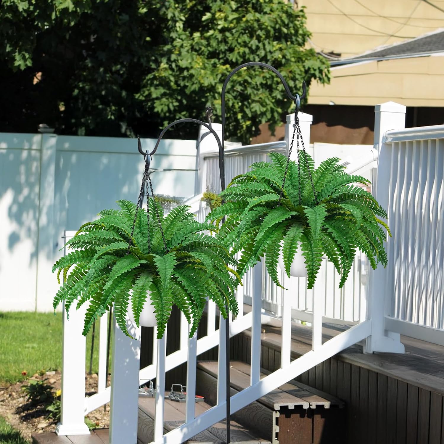 2Pack Artificial Boston Ferns Hanging Plants 23.6'' Fake Silk Fern 50 Leaves That Look Real in Pots for Outdoors & Indoor Faux Potted Plant for Home Porch Patio Garden Decor