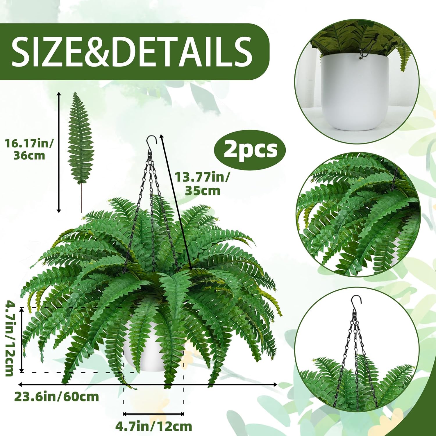 2Pack Artificial Boston Ferns Hanging Plants 23.6'' Fake Silk Fern 50 Leaves That Look Real in Pots for Outdoors & Indoor Faux Potted Plant for Home Porch Patio Garden Decor