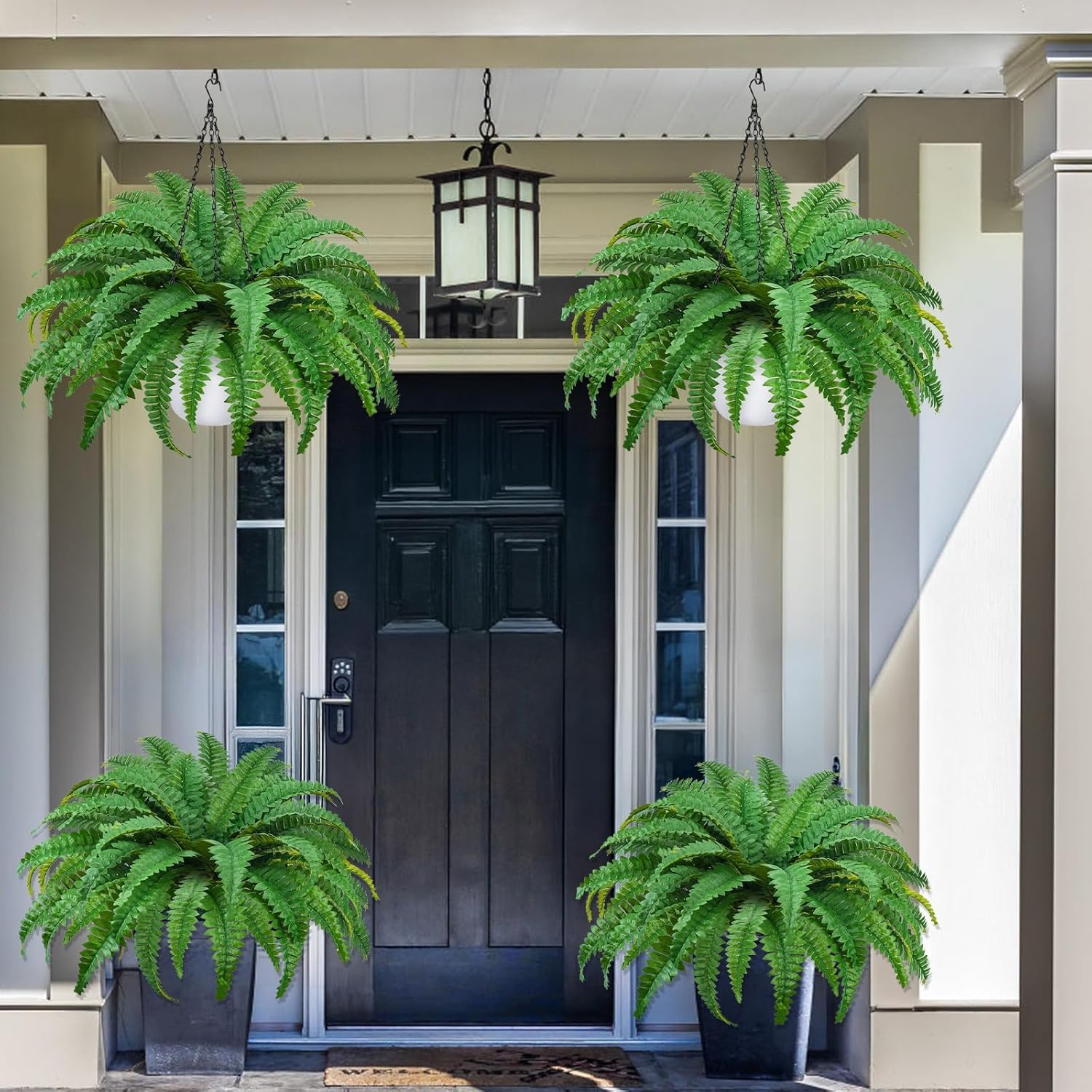 2Pack Artificial Boston Ferns Hanging Plants 23.6'' Fake Silk Fern 50 Leaves That Look Real in Pots for Outdoors & Indoor Faux Potted Plant for Home Porch Patio Garden Decor